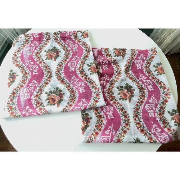 Vintage 70s curtains, white, hot pink striped, sheer floral panels, pair - Picture 8 of 10